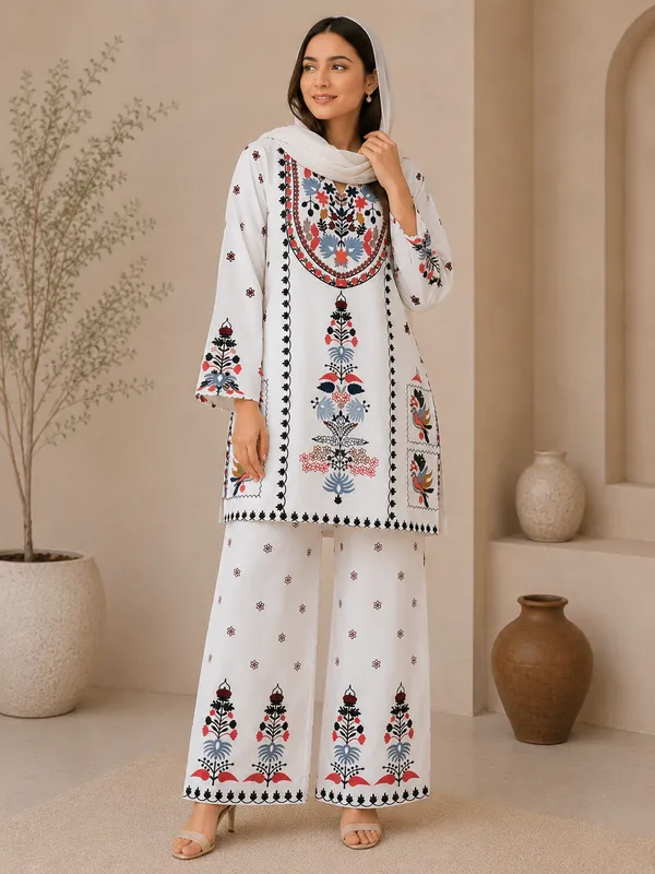 White_Rayon_Border_Printed_Kurta_Set_For_Women