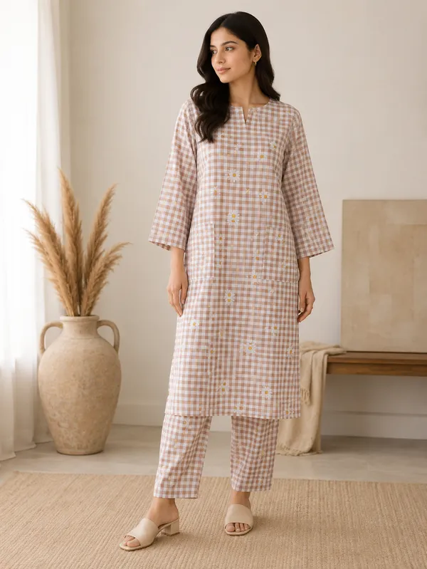 Pink_Checked_Floral_Print_Kurta_Set_For_Women