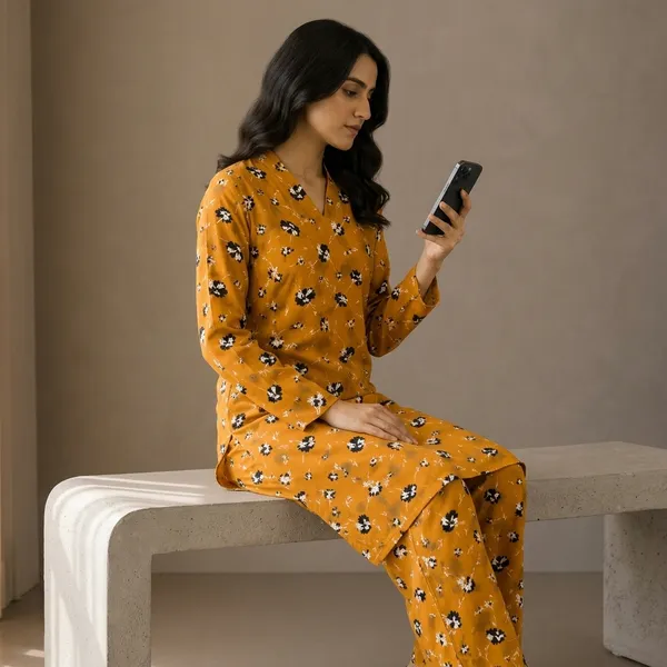 Mustard_Rayon_Floral_Printed_Kurta_Set_For_Women