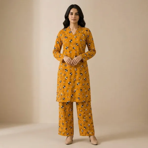 Mustard_Rayon_Floral_Printed_Kurta_Set_For_Women