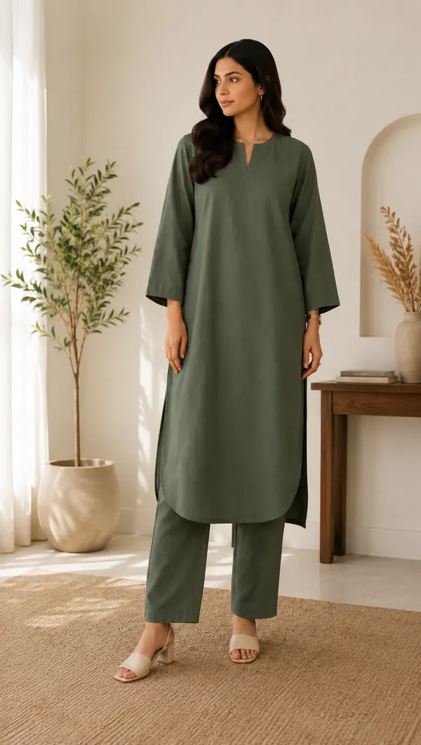 Olive_Green_Relaxed_Fit_Kurta_Set_For_Women
