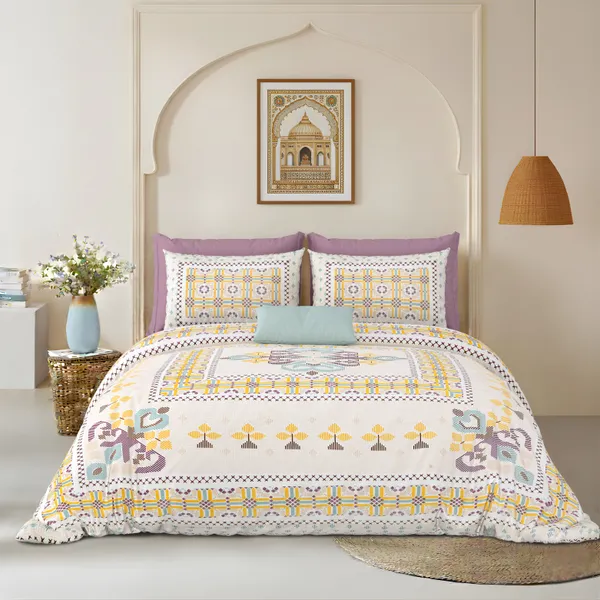 Yellow_And_Purple_Print_Cotton_Feel_Geometric_Print_Bedding_Set_100_X_108_Inch