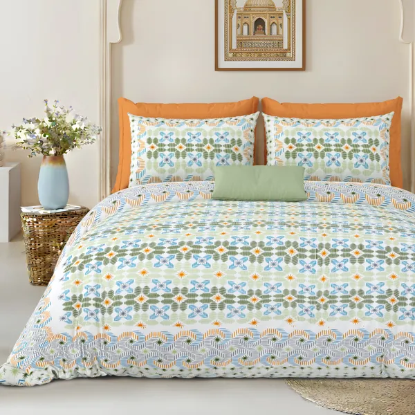 Light_Green_And_Rust_Cotton_Feel_Geometric_Print_Bedsheet_100_X_108_Inch