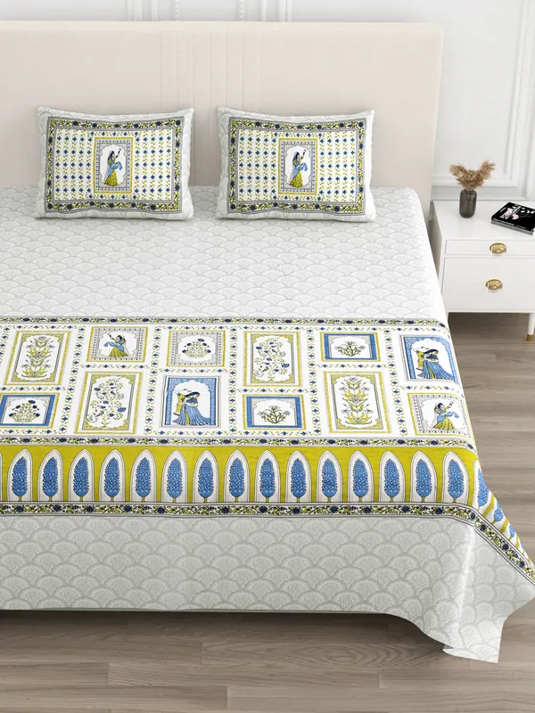 Blue_And_Green_Cotton_Feel_Printed_Bedsheet_100_X_108_Inch