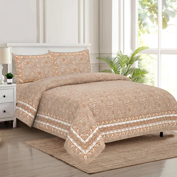 Beige_And_Brown_Cotton_Feel_Floral_Embroidery_Bedsheet_100_X_108_Inch