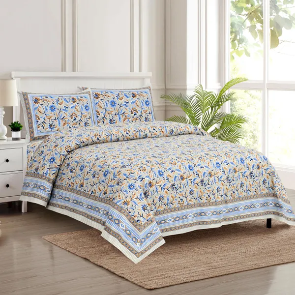 Blue_And_Beige_Cotton_Feel_Printed_Bedsheet_108_X_108_Inch
