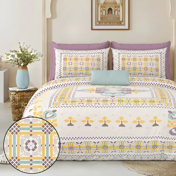 Yellow_And_Purple_Print_Cotton_Feel_Geometric_Print_Bedding_Set_100_X_108_Inch