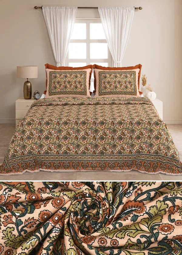 Beige_And_Green_Cotton_Feel_Printed_Bedding_Set_100_X_108_Inch