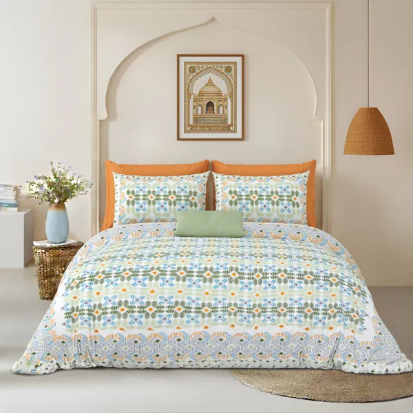 Light_Green_And_Rust_Cotton_Feel_Geometric_Print_Bedsheet_100_X_108_Inch