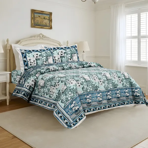 Green_And_Blue_Cotton_Feel_Patchwork_Bedding_Set_108_X_108_Inch