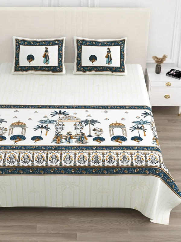 Blue_And_Gold_Cotton_Feel_Printed_Bedding_Set_100_X_108_Inch