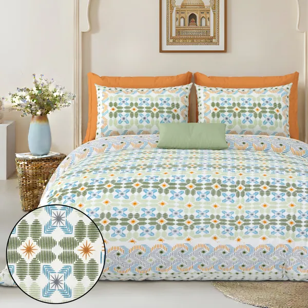 Light_Green_And_Rust_Cotton_Feel_Geometric_Print_Bedsheet_100_X_108_Inch