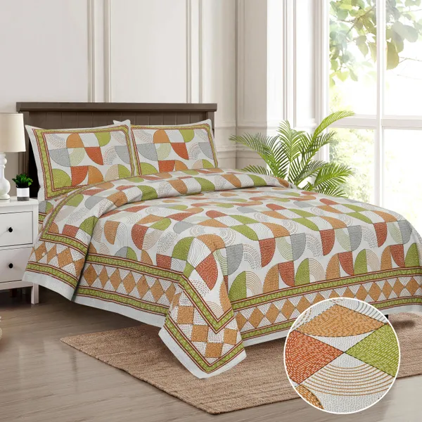 Green_And_Orange_Cotton_Feel_Geometric_Print_Bedsheet_100_X_108_Inch