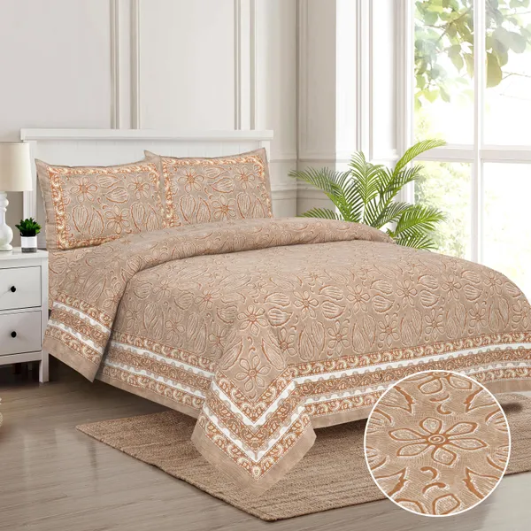 Beige_And_Brown_Cotton_Feel_Floral_Embroidery_Bedsheet_100_X_108_Inch