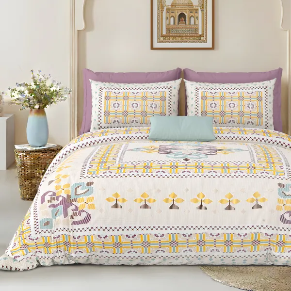 Yellow_And_Purple_Print_Cotton_Feel_Geometric_Print_Bedding_Set_100_X_108_Inch