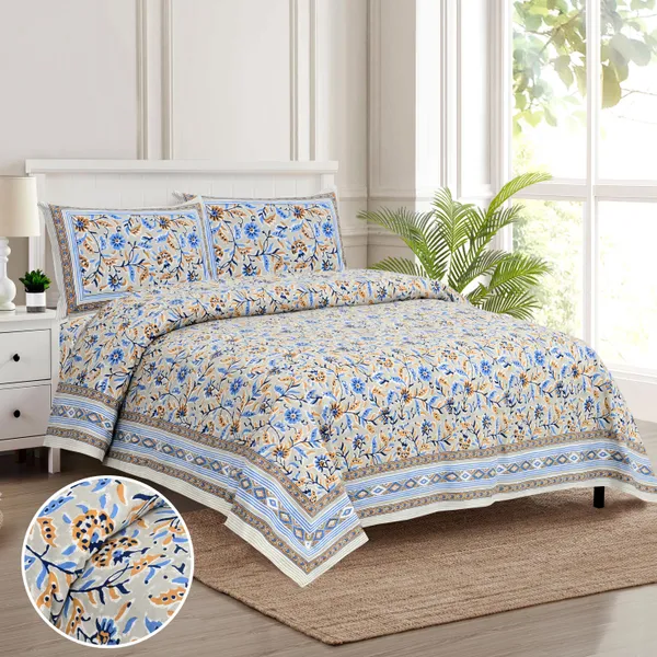 Blue_And_Beige_Cotton_Feel_Printed_Bedsheet_108_X_108_Inch