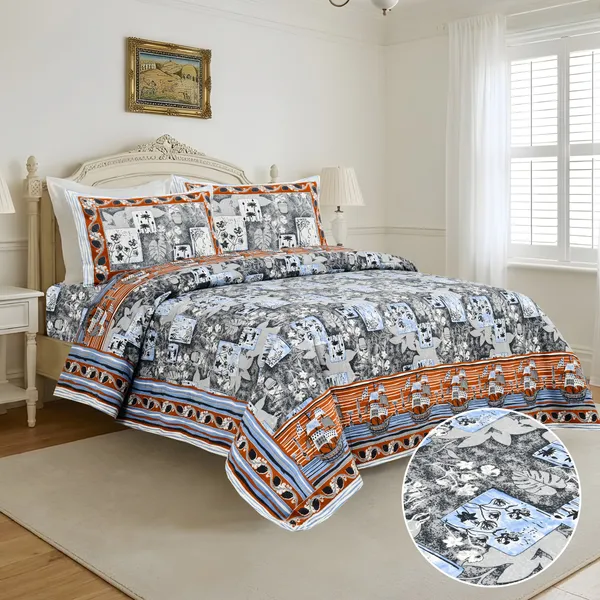 Blue_And_Orange_Cotton_Feel_Printed_Bedding_Set_108_X_108_Inch