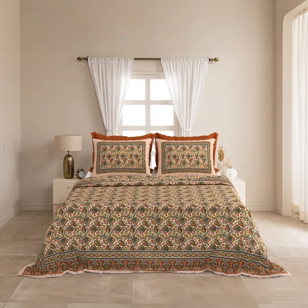 Beige_And_Green_Cotton_Feel_Printed_Bedding_Set_100_X_108_Inch
