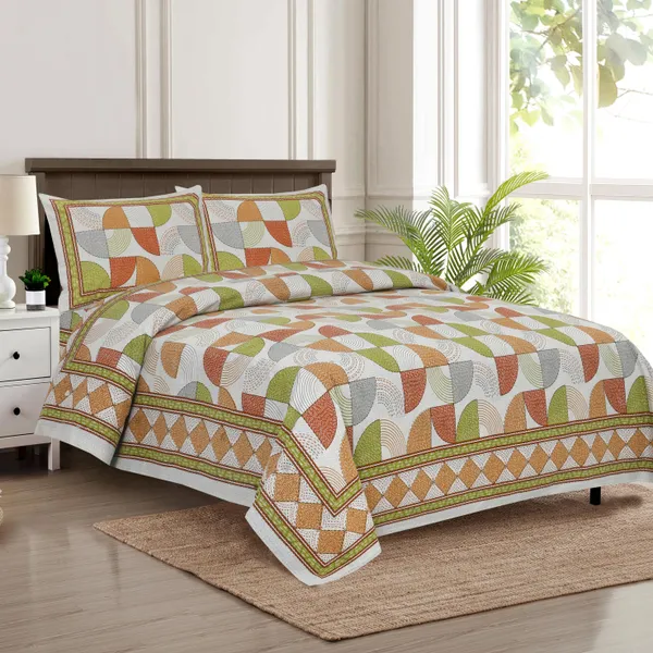 Green_And_Orange_Cotton_Feel_Geometric_Print_Bedsheet_100_X_108_Inch