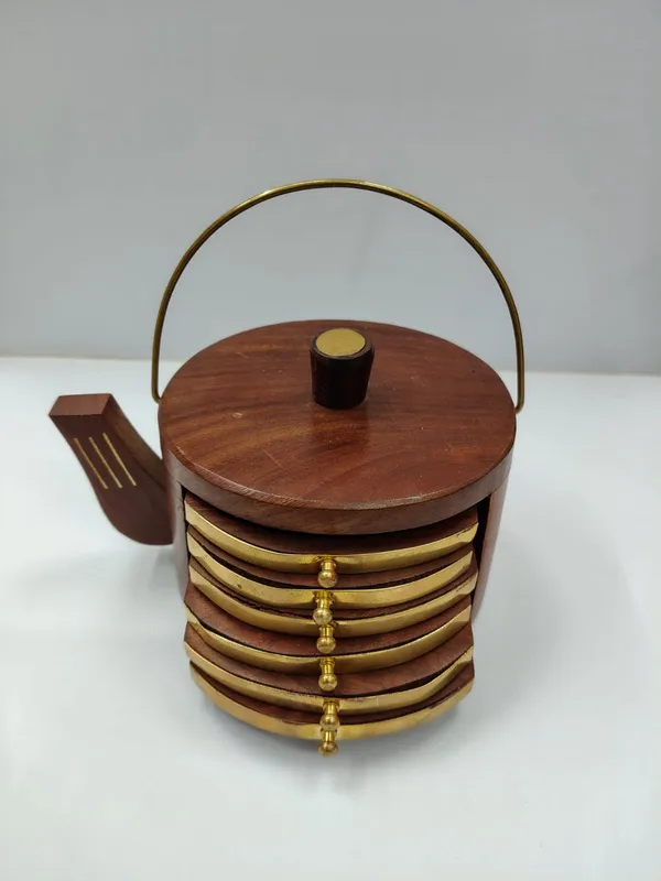 Wooden_Brass_Vintage_Coaster_Set_Teapot-Shaped_Holder