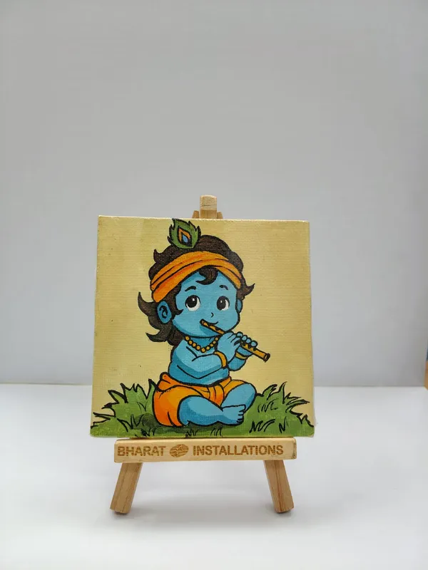 Canvas_Baby_Krishna_Hand-Painted_Art_With_Wooden_Easel_Stand