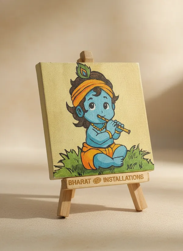 Canvas_Baby_Krishna_Hand-Painted_Art_With_Wooden_Easel_Stand