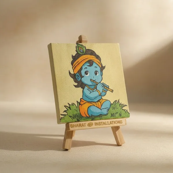Canvas_Baby_Krishna_Hand-Painted_Art_With_Wooden_Easel_Stand