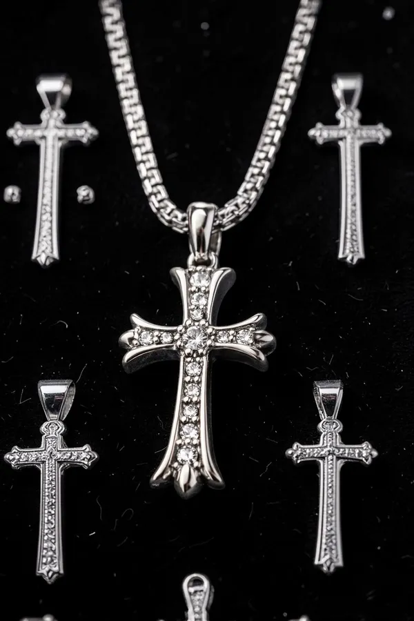 Silver_Titanium_Steel_Cross_Iced_Chain_Pendant_For_Men