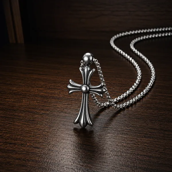 Silver_Titanium_Steel_Chrome_Heart_Cross_Pendant_Chain_For_Men