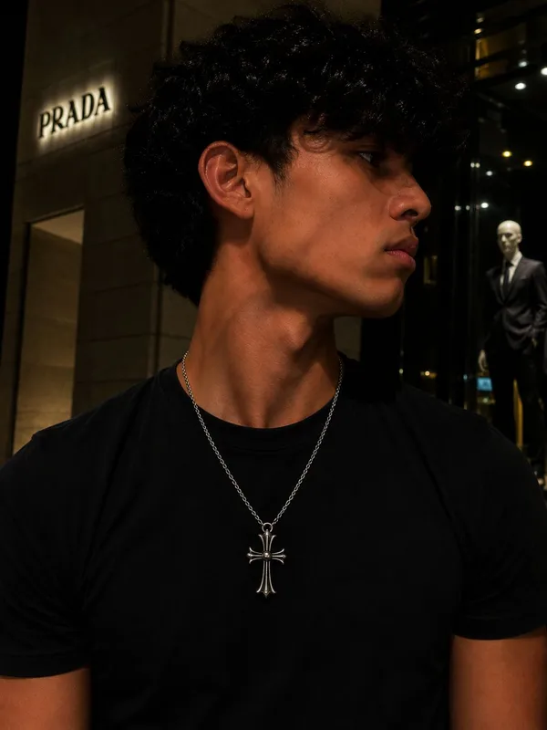 Silver_Titanium_Steel_Chrome_Heart_Cross_Pendant_Chain_For_Men