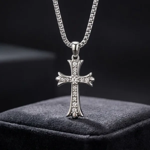 Silver_Titanium_Steel_Cross_Iced_Chain_Pendant_For_Men