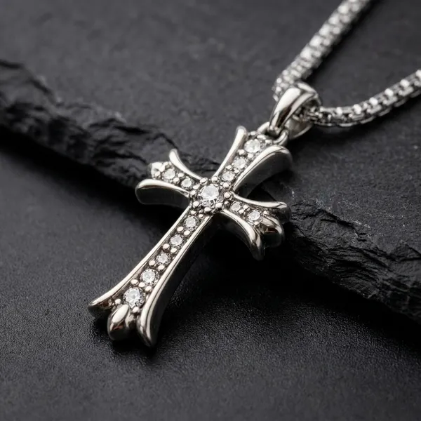 Silver_Titanium_Steel_Cross_Iced_Chain_Pendant_For_Men