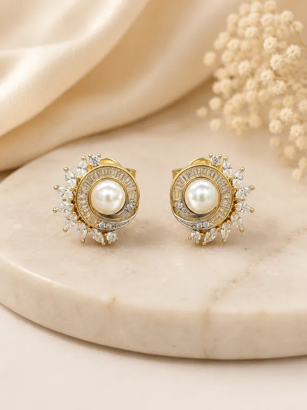 Gold_Pearl_Baguette_And_Marquise_Sunflower_Stud_Earrings
