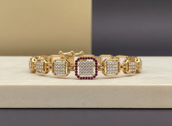 Gold_Square_Link_Cz_And_Ruby_Bracelet