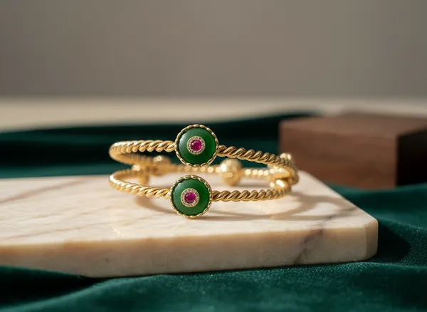 Gold_Twisted_Rope_Bangles_With_Jade_Green_Round_Motif_And_Ghungroo_Drops