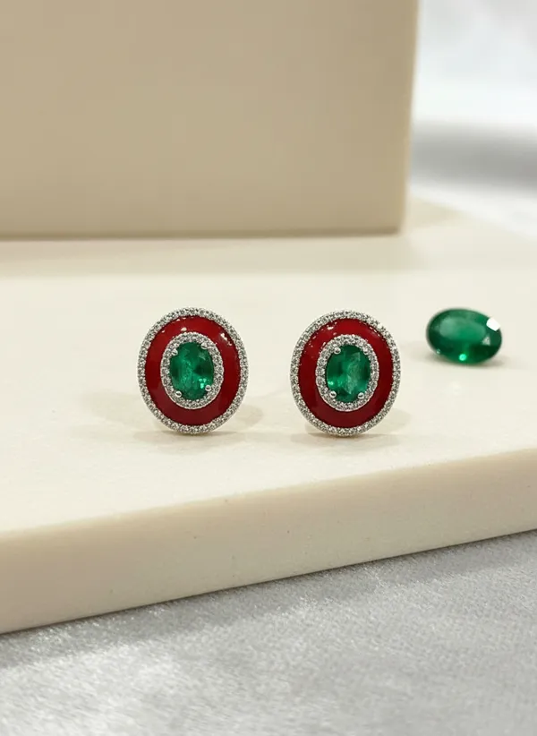 Red_Enamel_And_Emerald_Green_Oval_Cz_Stud_Earrings