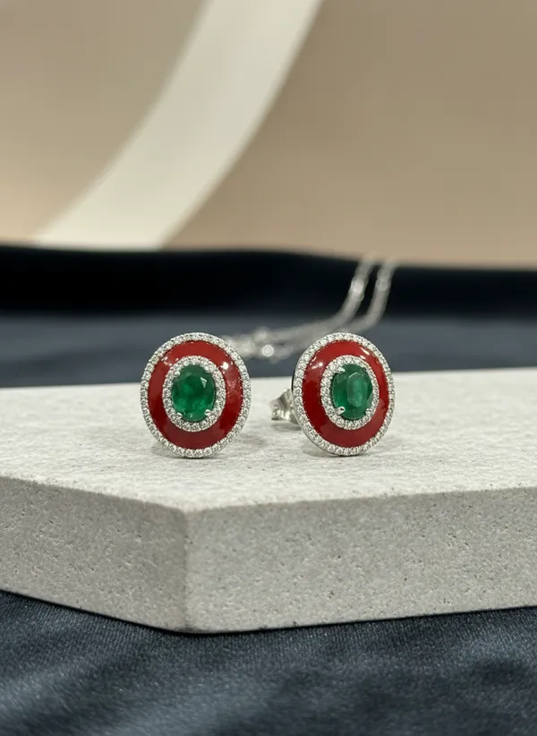 Red_Enamel_And_Emerald_Green_Oval_Cz_Stud_Earrings