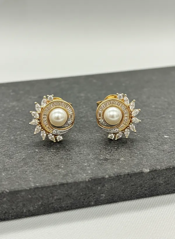 Gold_Pearl_Baguette_And_Marquise_Sunflower_Stud_Earrings