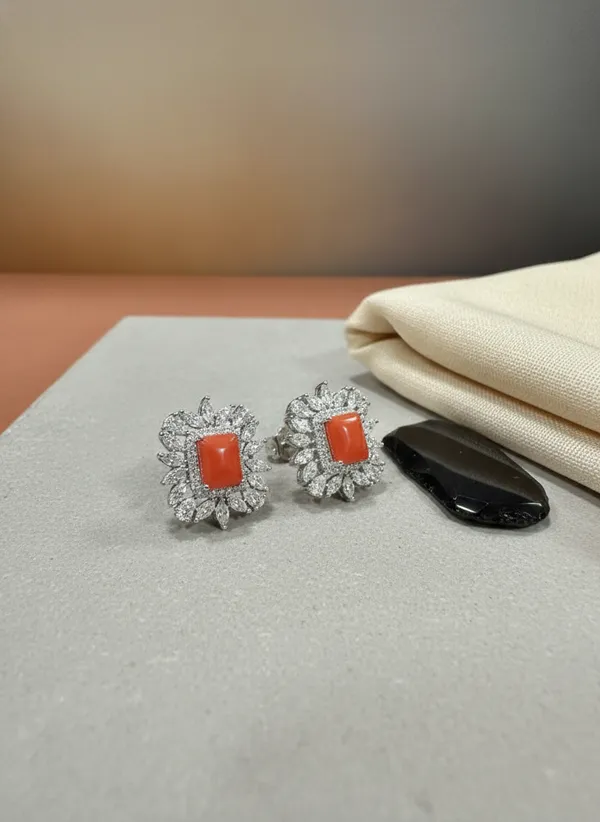 Coral_Orange_Square_Stone_Cz_Sunflower_Stud_Earrings