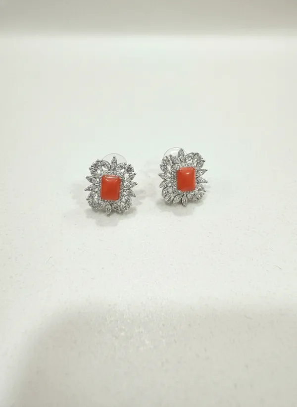 Coral_Orange_Square_Stone_Cz_Sunflower_Stud_Earrings