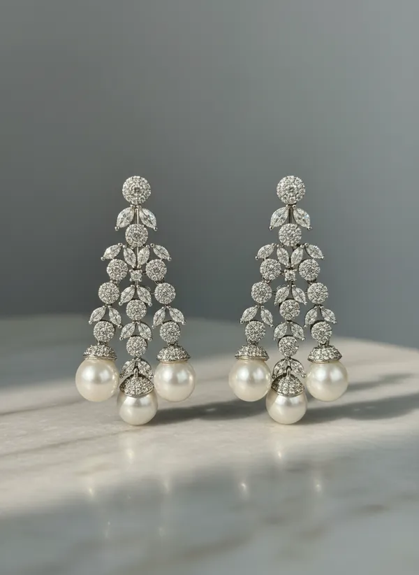 Silver_Cz_Floral_Vine_Pearl_Chandelier_Earrings