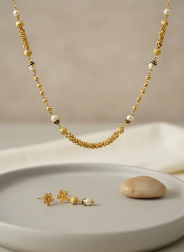 Gold_Ball_And_Pearl_Beaded_Necklace_Set_With_Flower_Drop_Earrings