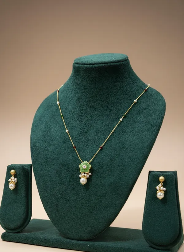 Green_Meenakari_Flower_Pendant_Necklace_Set_With_Pearl_Drops