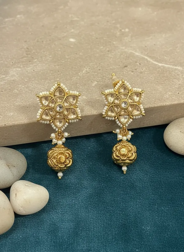 Gold_Polki_Flower_And_Jhumka_Drop_Earrings