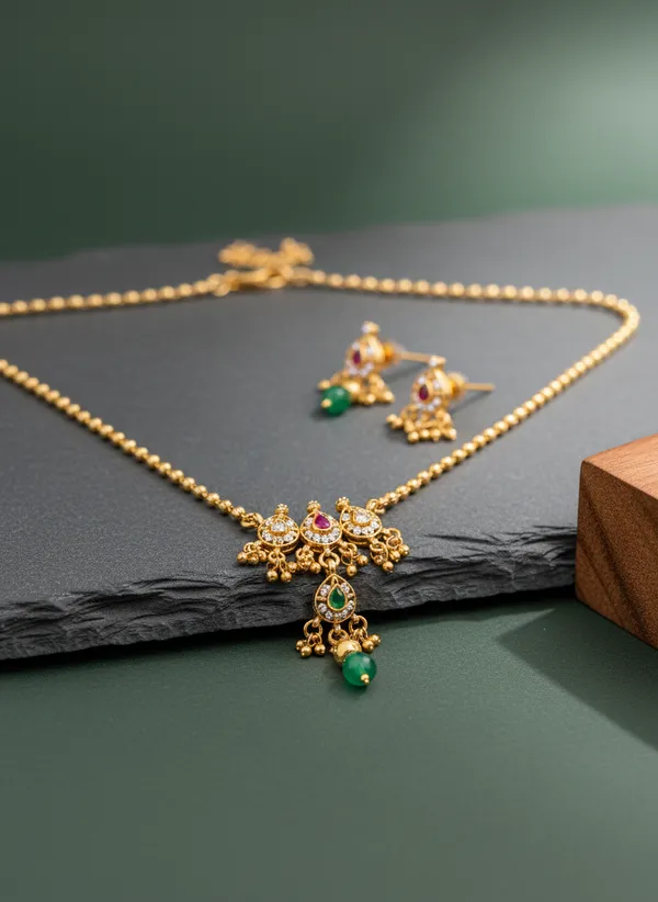 Gold_Multi_Color_Cz_Pendant_Necklace_Set_With_Jhumka_Earrings