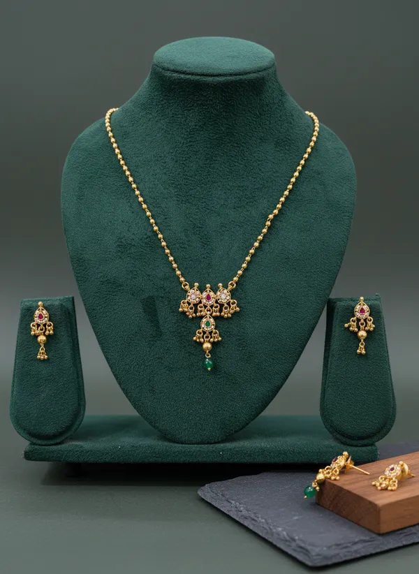 Gold_Multi_Color_Cz_Pendant_Necklace_Set_With_Jhumka_Earrings