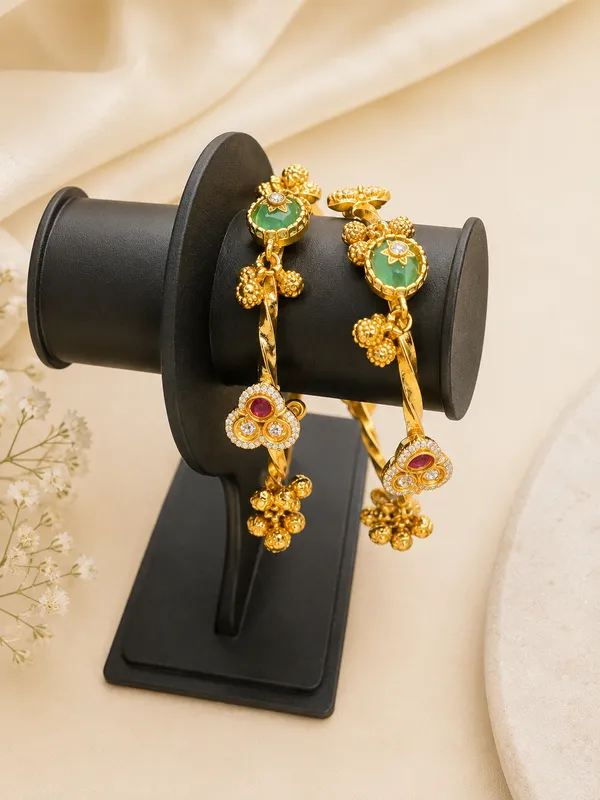 Antique_Gold_Multi_Color_Stone_Twisted_Bangle_Set_With_Pearl_And_Ghungroo_Drops