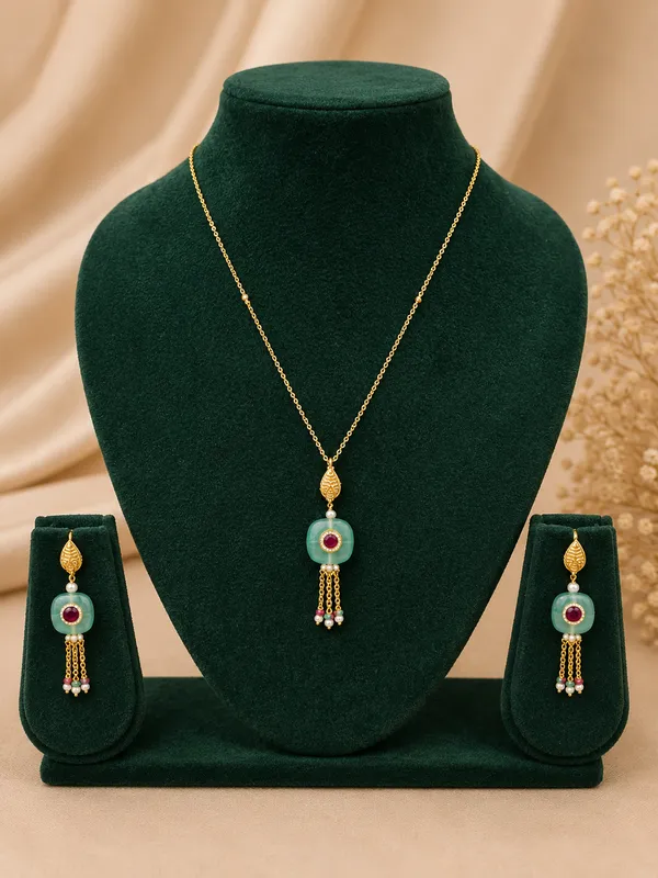 Aqua_Stone_Tassel_Pendant_Necklace_Set_With_Ruby_Accents
