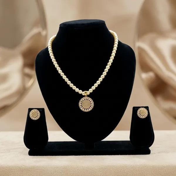 White_Swarovski_Pearl_Cz_Golden_Pendant_Necklace_Set_For_Women