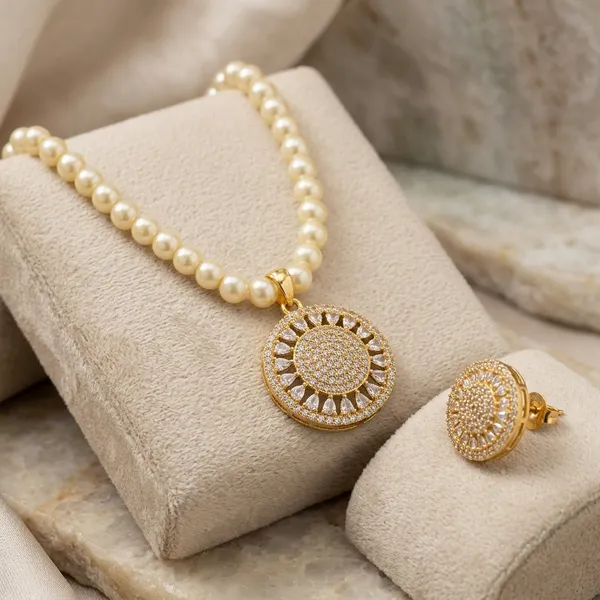 White_Swarovski_Pearl_Cz_Golden_Pendant_Necklace_Set_For_Women
